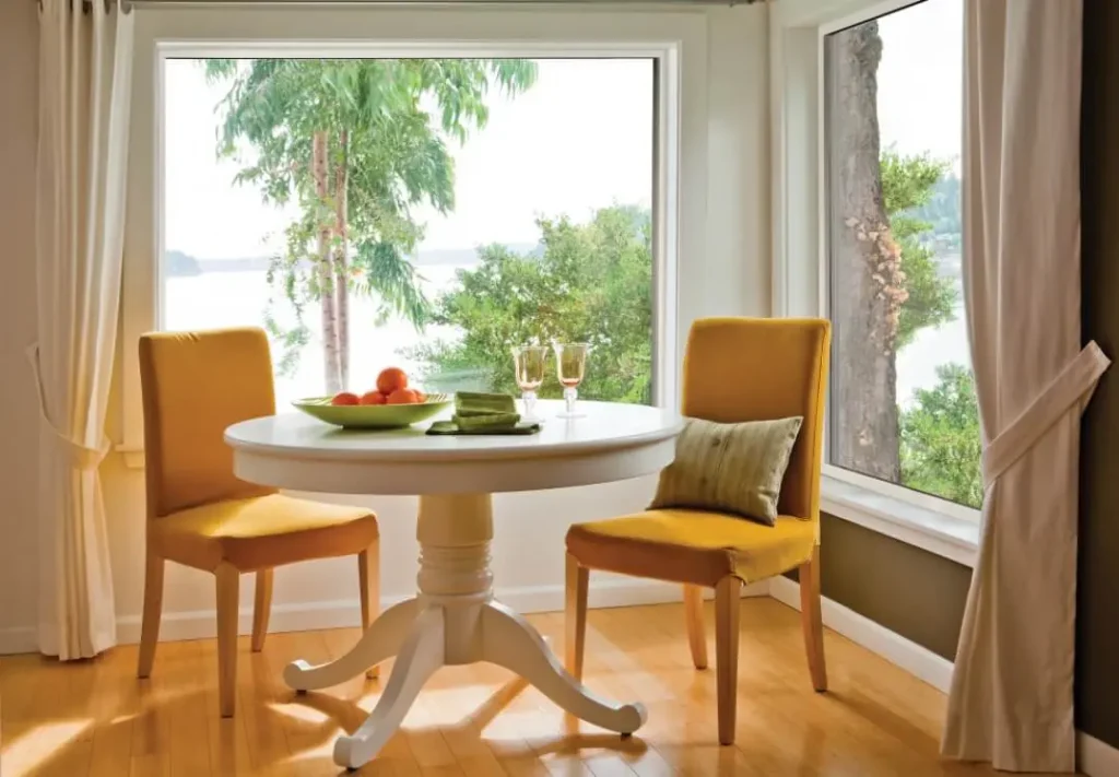 picture windows in a dining room